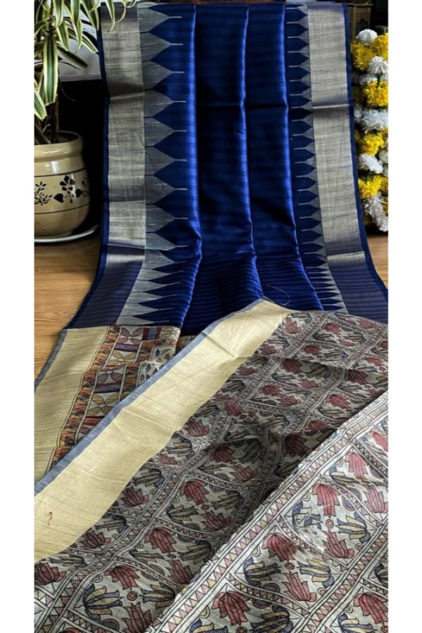 Women's Tussar Silk Madhubani Saree With Unstitched Blouse 5.5Mtr (Blue)