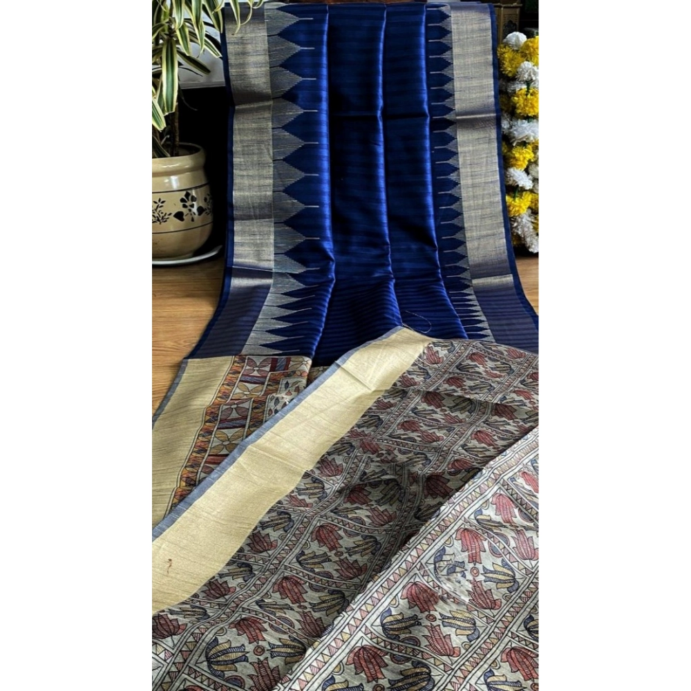 PID-65622-Generic-Women-S-Tussar-Silk-Madhubani-Saree-With-Unstitched-Blouse-5-5-Mtr-Blue-2-1000x1000-1.webp Women's Tussar Silk Madhubani Saree With Unstitched Blouse 5.5Mtr (Blue) - Image 1
