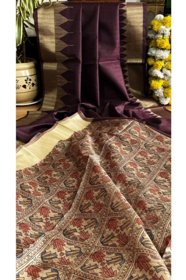 Women's Tussar Silk Madhubani Saree With Unstitched Blouse 5.5Mtr (Coffee)