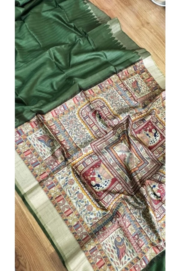 Women's Tussar Silk Madhubani Saree With Unstitched Blouse 5.5Mtr (Green)