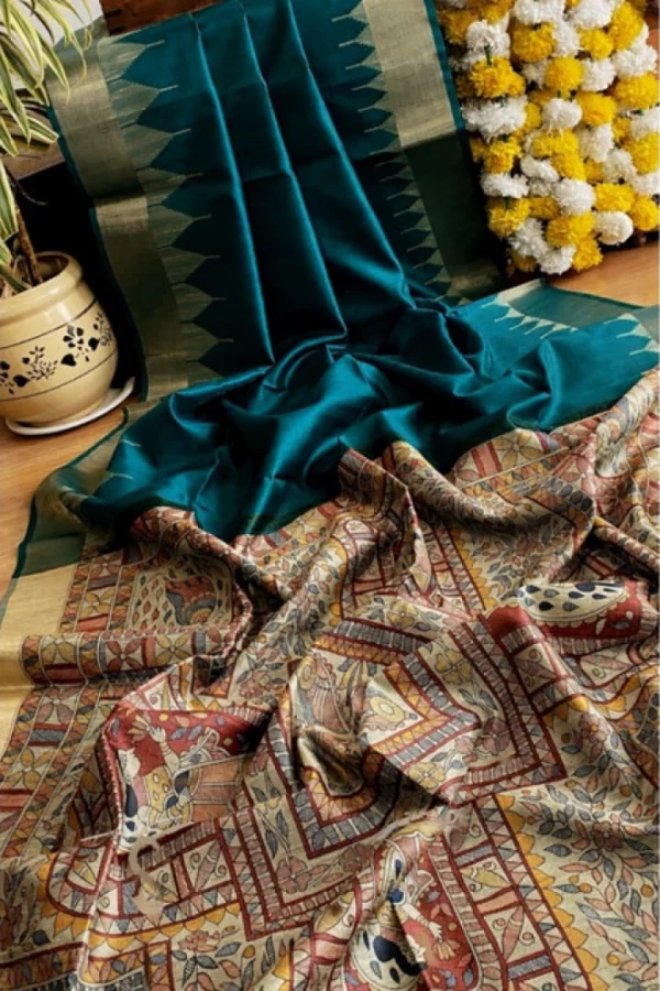 Women's Tussar Silk Madhubani Saree With Unstitched Blouse 5.5Mtr (Rama)