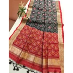 Women's Raw Silk Ikkat Saree With Unstitched Blouse 5.5Mtr (Black)