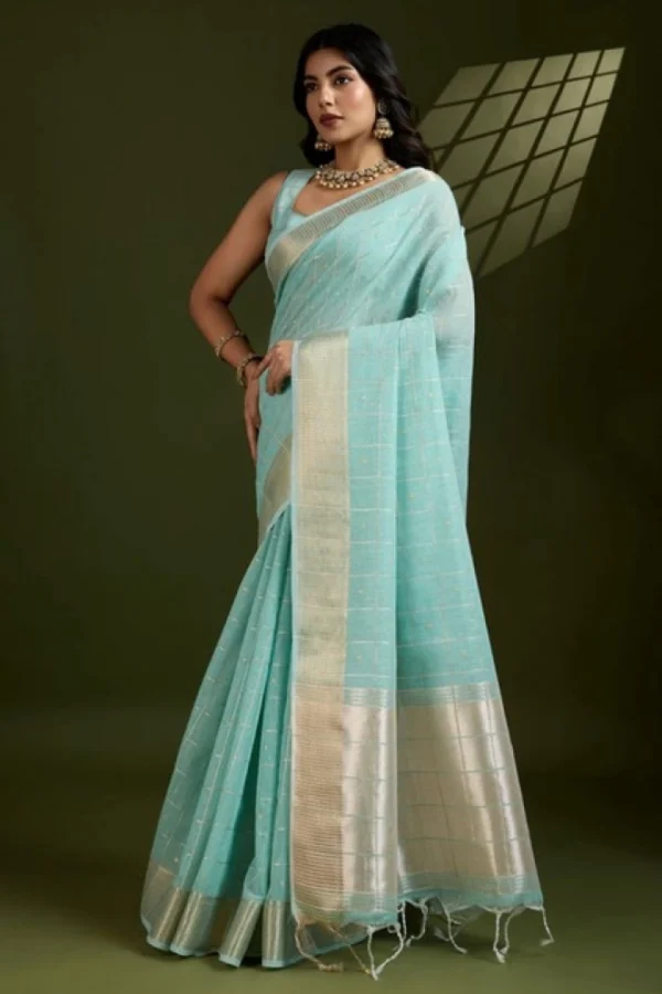 Women's Tissue Checks_With_Buttis Saree With Unstitched Blouse 5.5Mtr (Aqua_Blue)