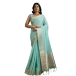 Women's Tissue Checks_With_Buttis Saree With Unstitched Blouse 5.5Mtr (Aqua_Blue) - Image 3