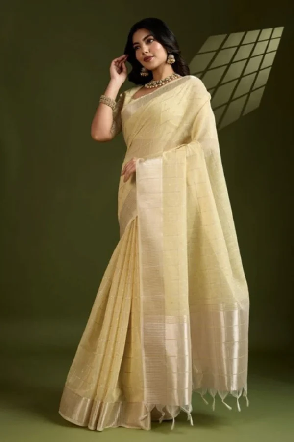 Women's Tissue Checks_With_Buttis Saree With Unstitched Blouse 5.5Mtr (Yellow)