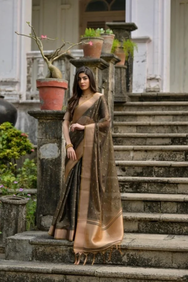 Women's Silk_Blend Butti Pattern Saree With Unstitched Blouse 5.5Mtr (Coffee)