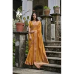 Women's Silk_Blend Butti Pattern Saree With Unstitched Blouse 5.5Mtr (Mustard) - Image 4