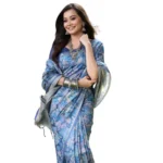 Women's Faux_Tussar_Silk Abstract_Print Saree With Unstitched Blouse 5.5Mtr (Blue) - Image 3