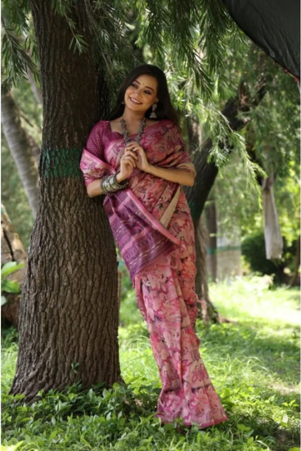 Women's Faux_Tussar_Silk Abstract_Print Saree With Unstitched Blouse 5.5Mtr (Pink)