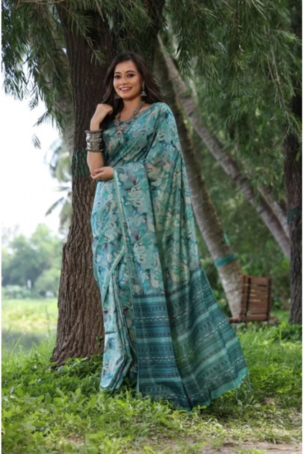 Women's Faux_Tussar_Silk Abstract_Print Saree With Unstitched Blouse 5.5Mtr (Sea_Green)