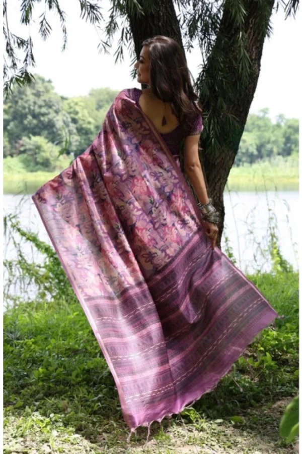 Women's Faux_Tussar_Silk Abstract_Print Saree With Unstitched Blouse 5.5Mtr (Purple)