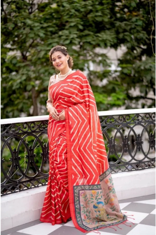 Women's Faux_Tussar_Silk Geometric_Print Saree With Unstitched Blouse 5.5Mtr (Red)