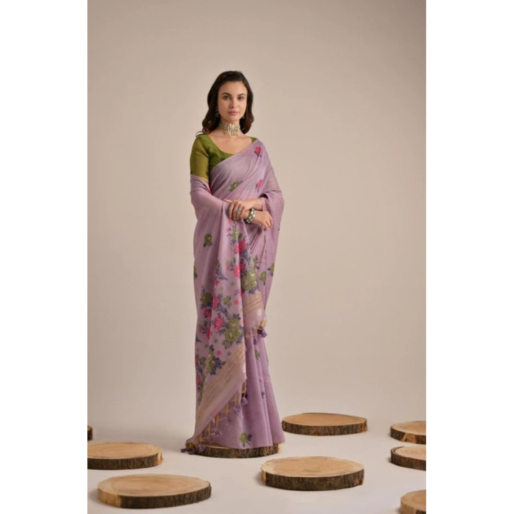 PID-65680-Generic-Women-S-Blended-Cotton-Floral-Motifs-And-Woven-Buttas-Saree-With-Unstitched-Blous-1000x1000-1.webp Women's Blended_Cotton Floral Motifs And Woven Buttas Saree With Unstitched Blouse 5.5Mtr (Lavender) - Image 1