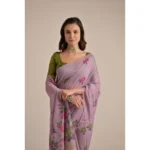 Women's Blended_Cotton Floral Motifs And Woven Buttas Saree With Unstitched Blouse 5.5Mtr (Lavender) - Image 2