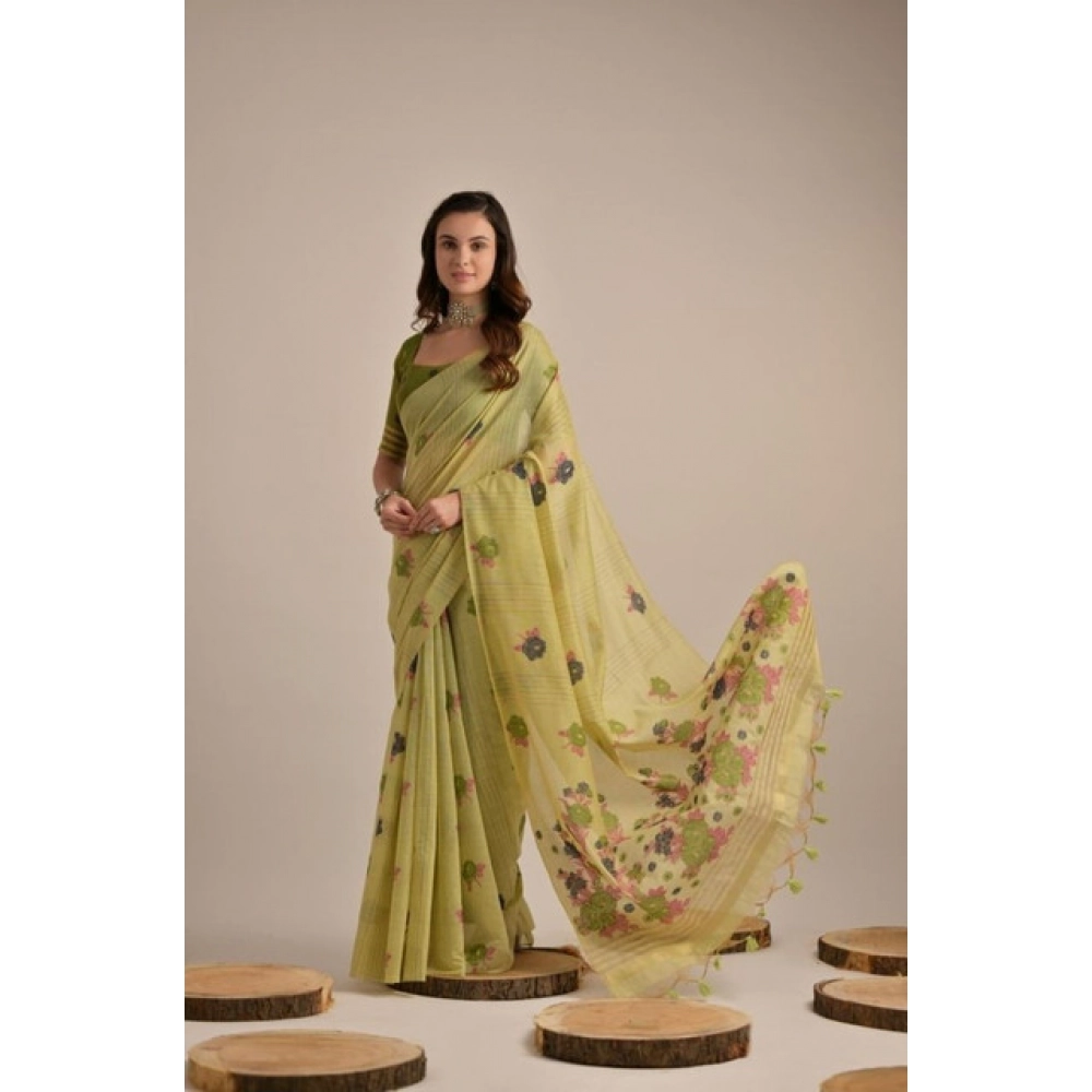 PID-65682-Generic-Women-S-Blended-Cotton-Floral-Motifs-And-Woven-Buttas-Saree-With-Unstitched-Blous-1000x1000-1.webp Women's Blended_Cotton Floral Motifs And Woven Buttas Saree With Unstitched Blouse 5.5Mtr (Light_Green) - Image 1