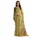 Women's Blended_Cotton Floral Motifs And Woven Buttas Saree With Unstitched Blouse 5.5Mtr (Light_Green) - Image 3