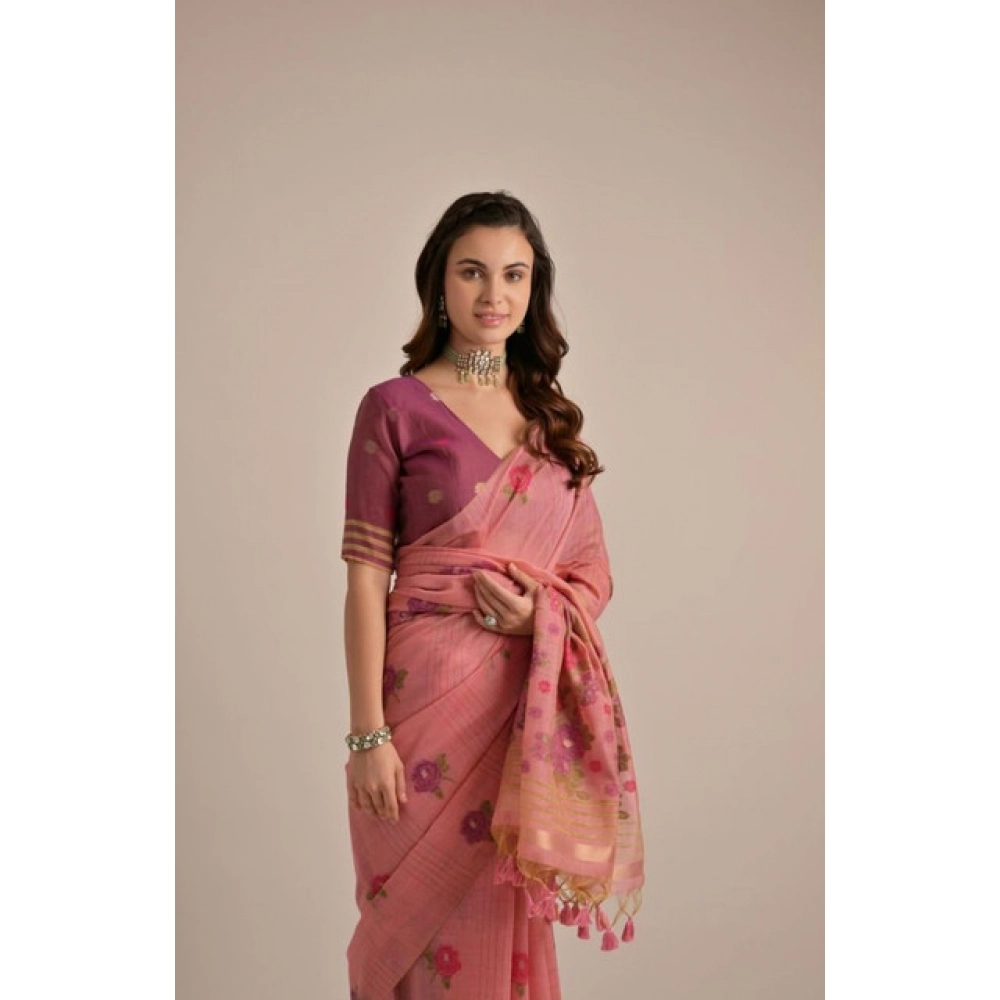 PID-65683-Generic-Women-S-Blended-Cotton-Floral-Motifs-And-Woven-Buttas-Saree-With-Unstitched-Blous-1000x1000-1.webp Women's Blended_Cotton Floral Motifs And Woven Buttas Saree With Unstitched Blouse 5.5Mtr (Pink) - Image 1