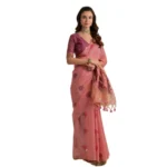 Women's Blended_Cotton Floral Motifs And Woven Buttas Saree With Unstitched Blouse 5.5Mtr (Pink) - Image 3