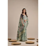 Women's Blended_Cotton Floral Motifs And Woven Buttas Saree With Unstitched Blouse 5.5Mtr (Teal) - Image 2