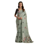 Women's Blended_Cotton Floral Motifs And Woven Buttas Saree With Unstitched Blouse 5.5Mtr (Teal) - Image 3