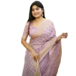 Women's Silk_Blend Checked Saree With Unstitched Blouse 5.5Mtr (Lavender) - Image 4