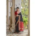 Women's Silk_Blend Ethnic Ikat Pattern Saree With Unstitched Blouse 5.5Mtr (Black)