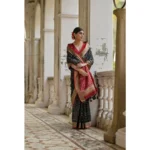 Women's Silk_Blend Ethnic Ikat Pattern Saree With Unstitched Blouse 5.5Mtr (Black) - Image 2