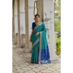 Women's Silk_Blend Ethnic Ikat Pattern Saree With Unstitched Blouse 5.5Mtr (Teal)