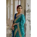 Women's Silk_Blend Ethnic Ikat Pattern Saree With Unstitched Blouse 5.5Mtr (Teal) - Image 2