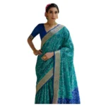 Women's Silk_Blend Ethnic Ikat Pattern Saree With Unstitched Blouse 5.5Mtr (Teal) - Image 4