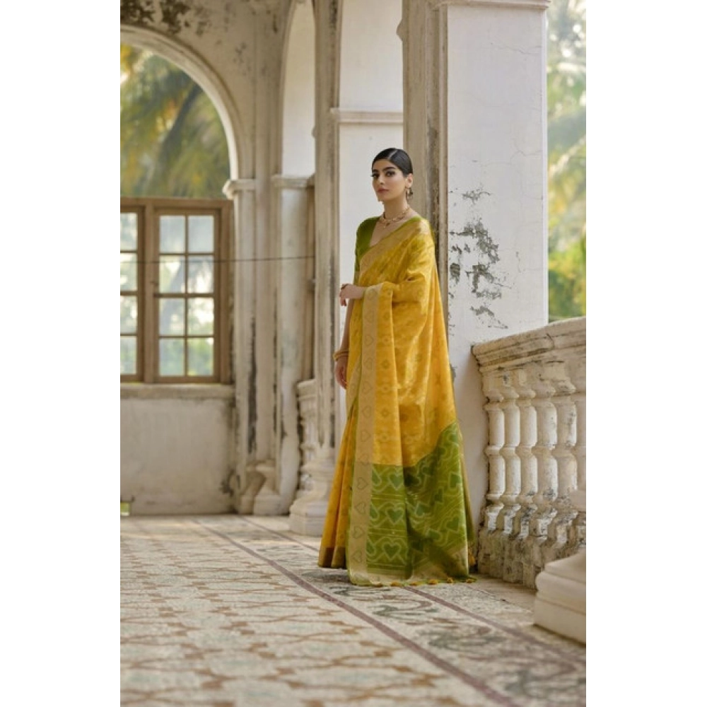 PID-65731-Generic-Women-S-Silk-Blend-Ethnic-Ikat-Pattern-Saree-With-Unstitched-Blouse-5-5-Mtr-Yello-1000x1000-1.webp Women's Silk_Blend Ethnic Ikat Pattern Saree With Unstitched Blouse 5.5Mtr (Yellow) - Image 1