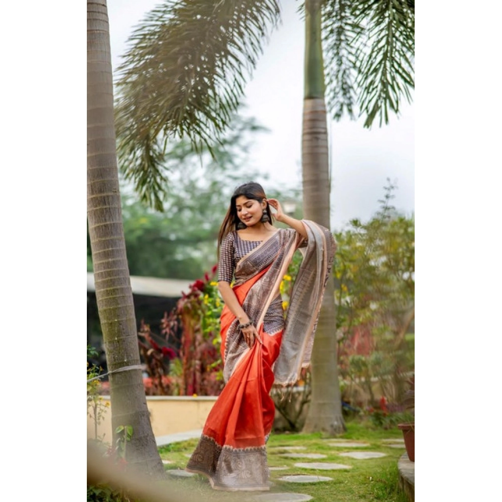 PID-65764-Generic-Women-S-Faux-Tussar-Geometric-Print-Saree-With-Unstitched-Blouse-5-5-Mtr-Orange-1000x1000-1.webp Women's Faux_Tussar Geometric_Print Saree With Unstitched Blouse 5.5Mtr (Orange) - Image 1