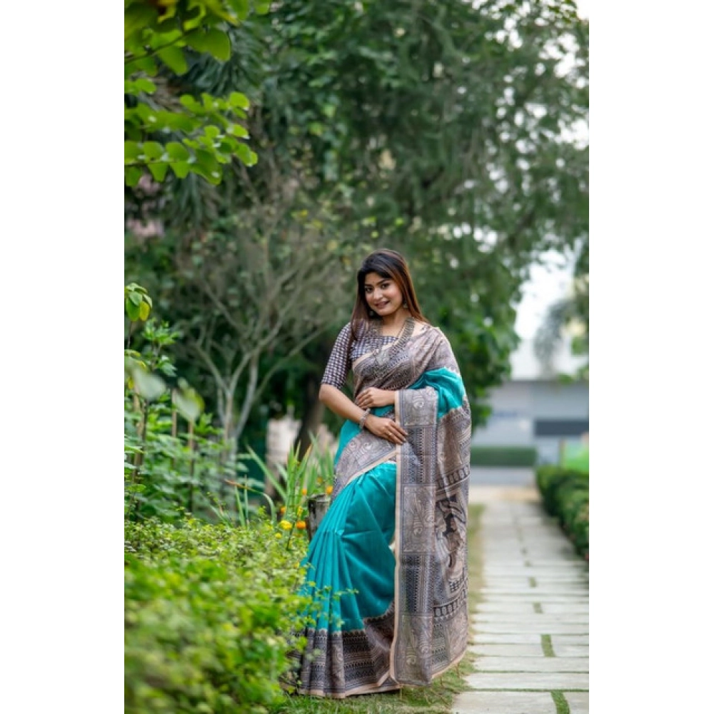 PID-65767-Generic-Women-S-Faux-Tussar-Geometric-Print-Saree-With-Unstitched-Blouse-5-5-Mtr-Rama-Gre-1000x1000-1.webp Women's Faux_Tussar Geometric_Print Saree With Unstitched Blouse 5.5Mtr (Rama_Green) - Image 1