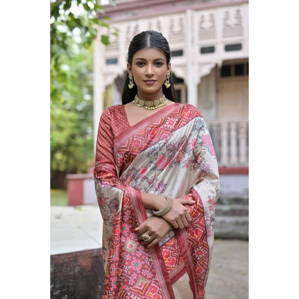 PID-65773-Generic-Women-S-Faux-Tussar-Floral-Jal-With-Patola-Print-Saree-With-Unstitched-Blouse-5-5-1000x1000-1.webp Women's Faux_Tussar Floral Jal With Patola Print Saree With Unstitched Blouse 5.5Mtr (Maroon) - Image 1