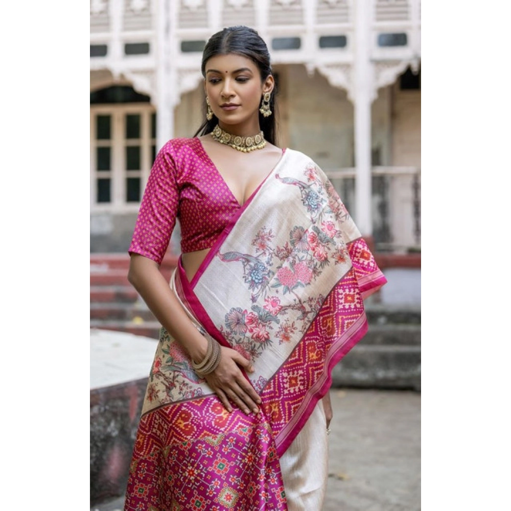PID-65774-Generic-Women-S-Faux-Tussar-Floral-Jal-With-Patola-Print-Saree-With-Unstitched-Blouse-5-5-1000x1000-1.webp Women's Faux_Tussar Floral Jal With Patola Print Saree With Unstitched Blouse 5.5Mtr (Pink) - Image 1