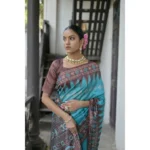 Women's Faux_Tussar Ikat Saree With Unstitched Blouse 5.5Mtr (Aqua_Blue) - Image 2
