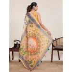 Women's Linen Floral Printed Saree With Unstitched Blouse 5.5Mtr (Beige) - Image 3
