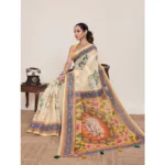 Women's Linen Floral Printed Saree With Unstitched Blouse 5.5Mtr (Beige) - Image 2