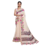 Women's Linen Floral Printed Saree With Unstitched Blouse 5.5Mtr (Cream) - Image 4