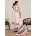 Women's Linen Floral Printed Saree With Unstitched Blouse 5.5Mtr (Cream) - Image 3