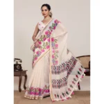 Women's Linen Floral Printed Saree With Unstitched Blouse 5.5Mtr (Cream) - Image 2