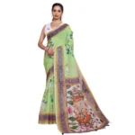 Women's Linen Floral Printed Saree With Unstitched Blouse 5.5Mtr (Light Green) - Image 4