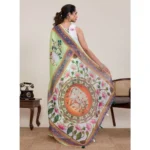 Women's Linen Floral Printed Saree With Unstitched Blouse 5.5Mtr (Light Green) - Image 3