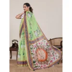 Women's Linen Floral Printed Saree With Unstitched Blouse 5.5Mtr (Light Green) - Image 2