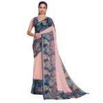 Women's Linen Floral Printed Saree With Unstitched Blouse 5.5Mtr (Peach Pink) - Image 4