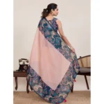 Women's Linen Floral Printed Saree With Unstitched Blouse 5.5Mtr (Peach Pink) - Image 3