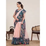 Women's Linen Floral Printed Saree With Unstitched Blouse 5.5Mtr (Peach Pink) - Image 2