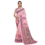 Women's Linen Floral Printed Saree With Unstitched Blouse 5.5Mtr (Pink) - Image 4