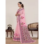 Women's Linen Floral Printed Saree With Unstitched Blouse 5.5Mtr (Pink)