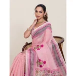 Women's Linen Floral Printed Saree With Unstitched Blouse 5.5Mtr (Pink) - Image 2